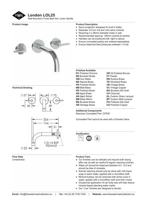 The Watermark Collection Bath Taps Polished Chrome The Watermark Collection London Wall Mounted 3 Hole Bath Set | Lever Handle