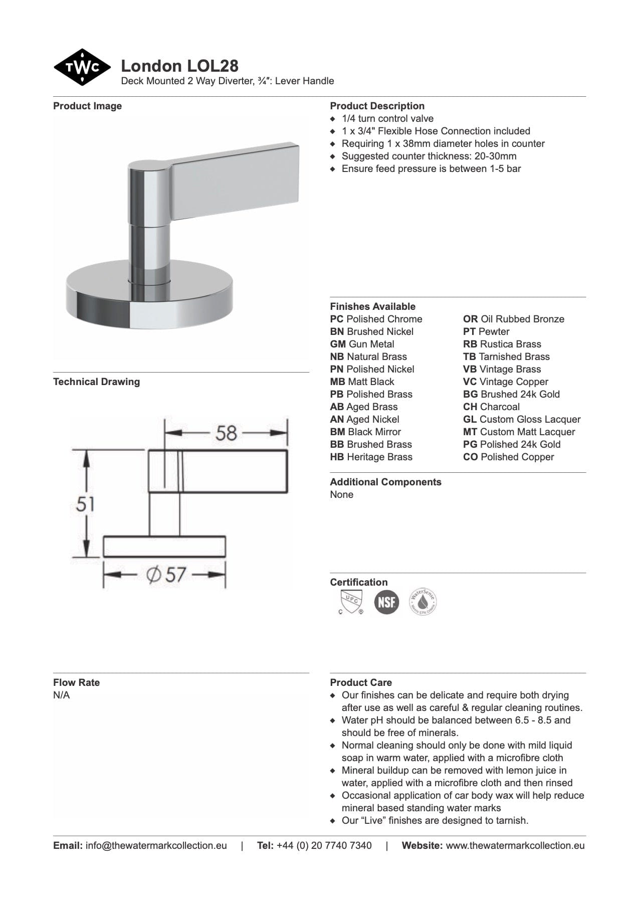 The Watermark Collection Diverter Polished Chrome The Watermark Collection London Hob Mounted 2 Way Diverter | Lever Handle