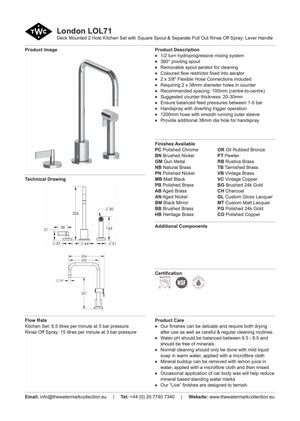 The Watermark Collection Kitchen Taps Polished Chrome The Watermark Collection London 2 Hole Kitchen Set with Square Spout & Seperate Pull Out Rinse Spray | Lever Handle