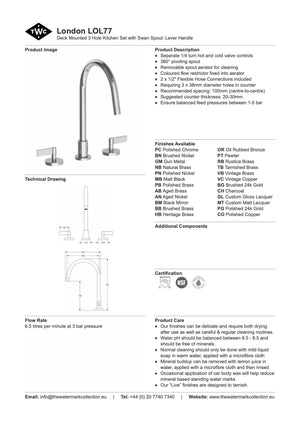 The Watermark Collection Kitchen Taps Polished Chrome The Watermark Collection London 3 Hole Kitchen Set with Swan Spout | Lever Handle