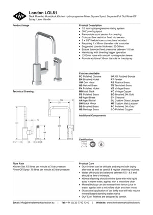 The Watermark Collection Kitchen Taps Polished Chrome The Watermark Collection London Monoblock Kitchen Mixer with Square Spout & Seperate Pull Out Rinse Spray | Lever Handle