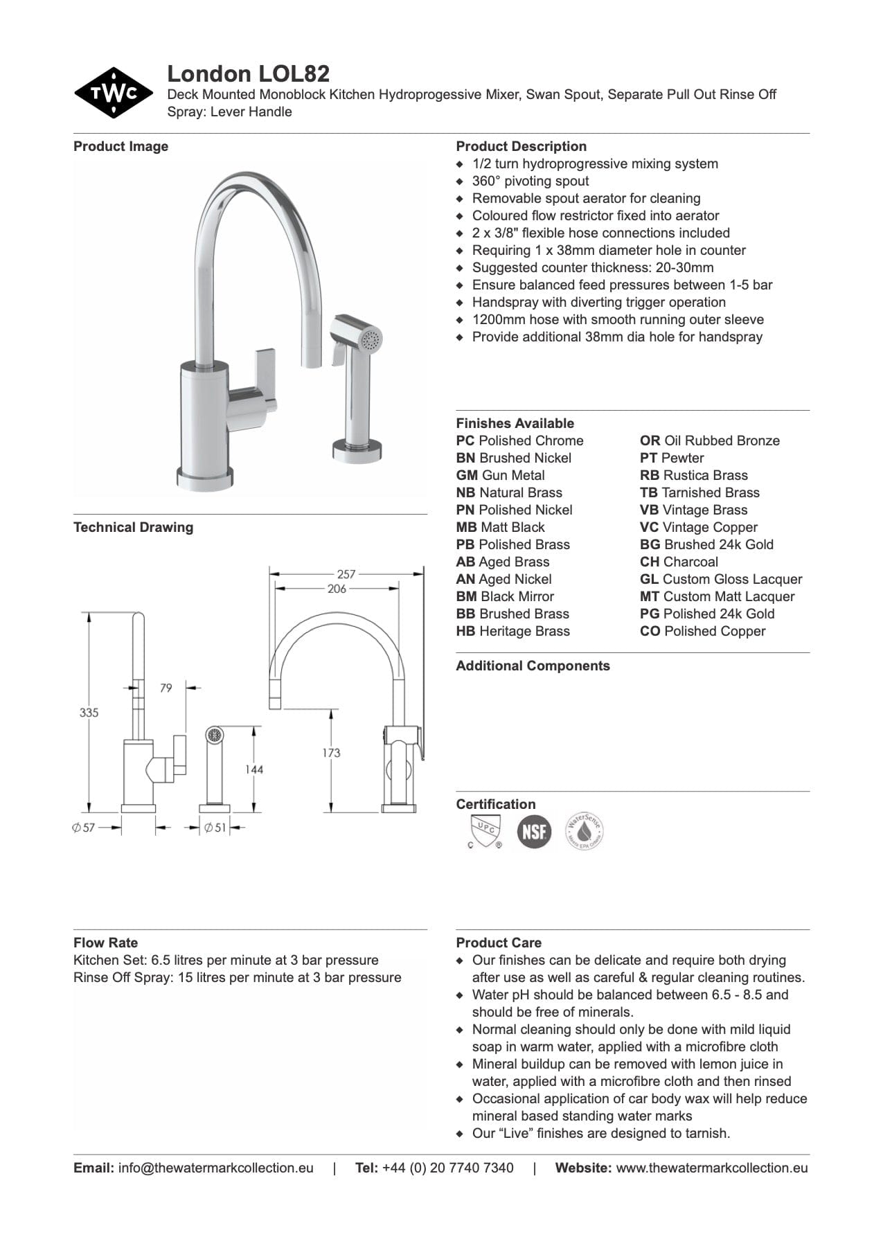The Watermark Collection Kitchen Taps Polished Chrome The Watermark Collection London Monoblock Kitchen Mixer with Swan Spout & Seperate Pull Out Rinse Spray | Lever Handle