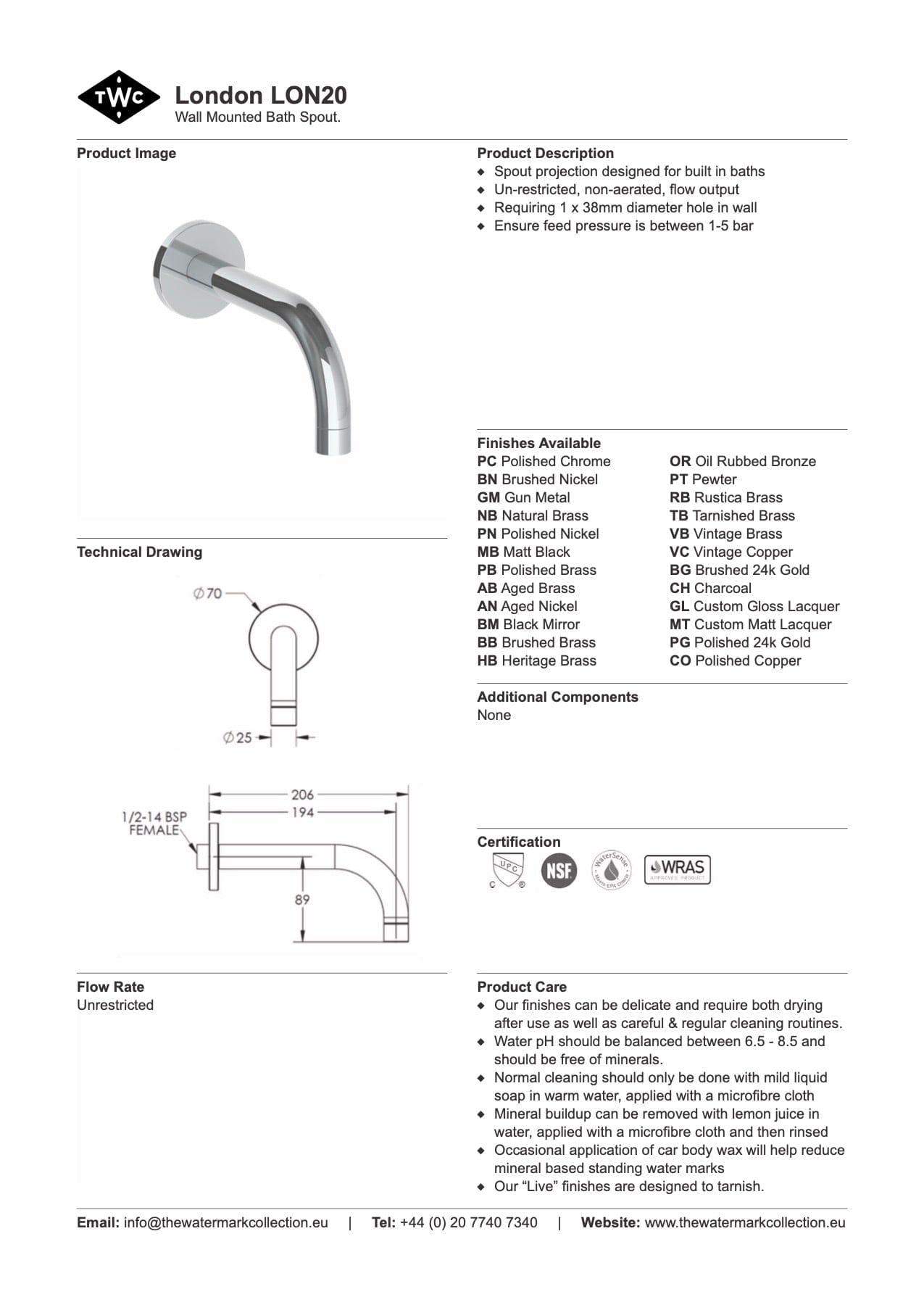 The Watermark Collection Spouts Polished Chrome The Watermark Collection London Wall Mounted Bath Spout