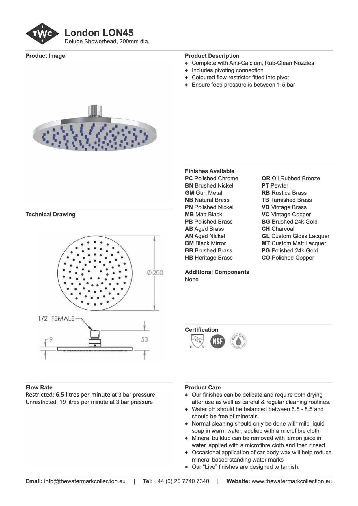 The Watermark Collection Showers Polished Chrome The Watermark Collection London Deluge 200mm Shower Head Only
