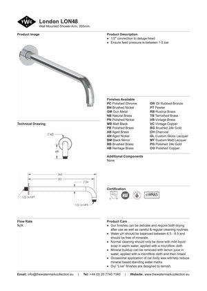 The Watermark Collection Showers Polished Chrome The Watermark Collection London Wall Mounted Shower Arm 355mm