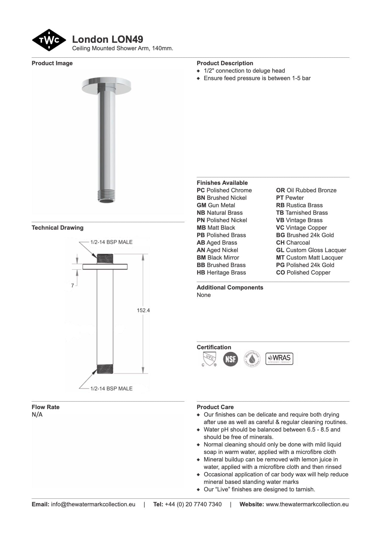 The Watermark Collection Showers Polished Chrome The Watermark Collection London Ceiling Mounted Shower Arm 140mm