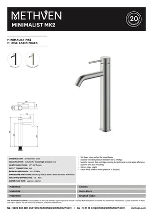 Methven Basin Taps Methven Minimalist MK2 Hi Rise Basin Mixer | Matte Black