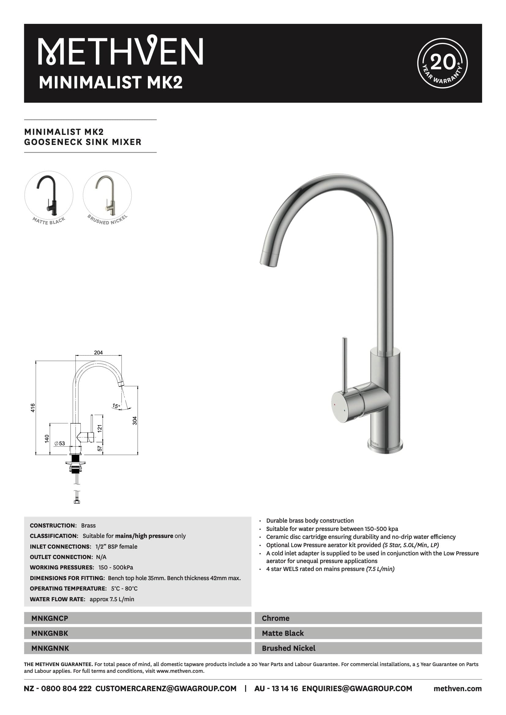 Methven Kitchen Tap Methven Minimalist MK2 Gooseneck Sink Mixer | Matte Black