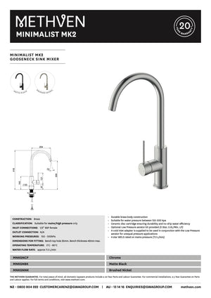 Methven Kitchen Tap Methven Minimalist MK2 Gooseneck Sink Mixer | Chrome