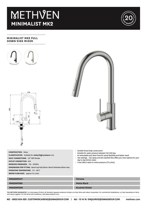 Methven Kitchen Tap Methven Minimalist MK2 Pull Down Sink Mixer | Chrome