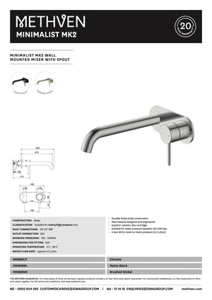 Methven Basin Taps Methven Minimalist MK2 Wall Mounted Mixer with Spout | Chrome