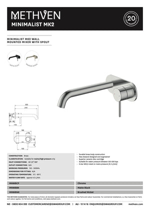 Methven Basin Taps Methven Minimalist MK2 Wall Mounted Mixer with Spout | Brushed Nickel