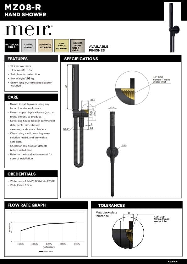 Meir Bathroom tapware Meir Round Single Function Hand Shower on Fixed Bracket | Champagne