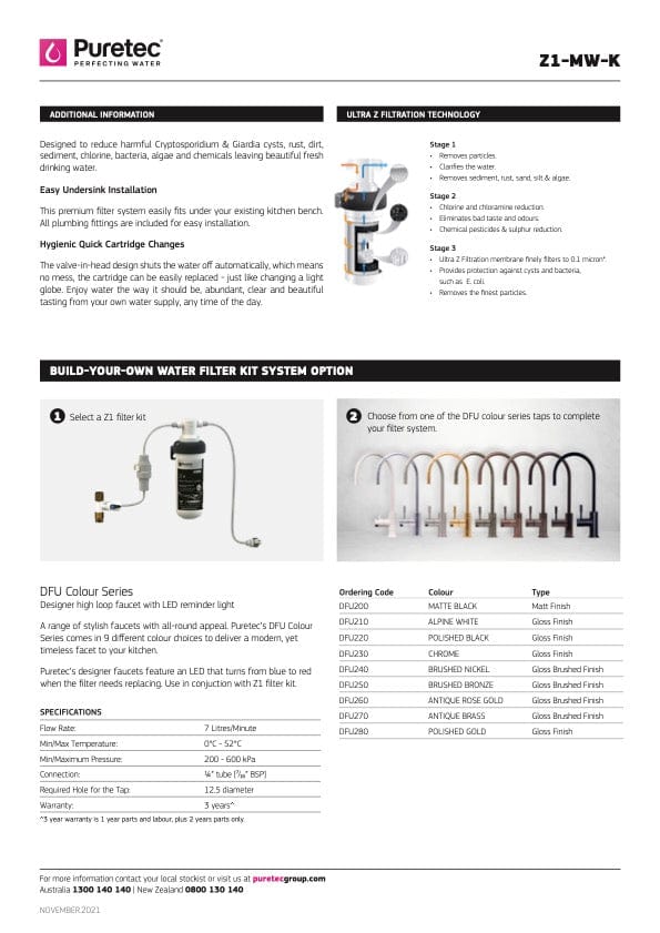 Puretec Water Filter Puretec Z1-MW-K Undersink Mains Water Filter System