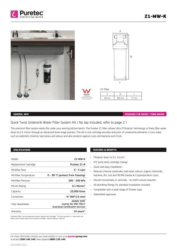 Puretec Water Filter Puretec Z1-MW-K Undersink Mains Water Filter System