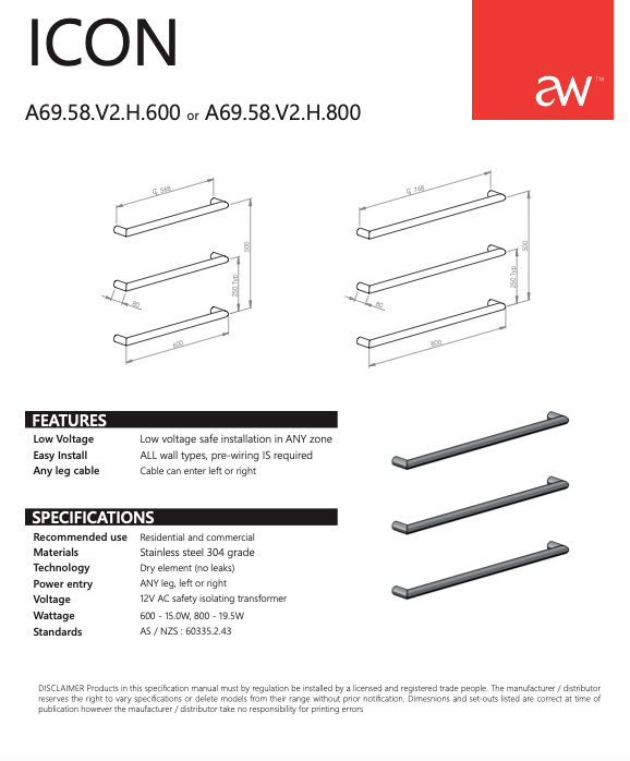 Astra Walker Bathroom Accessories Astra Walker Icon Heated Towel Rail 800mm