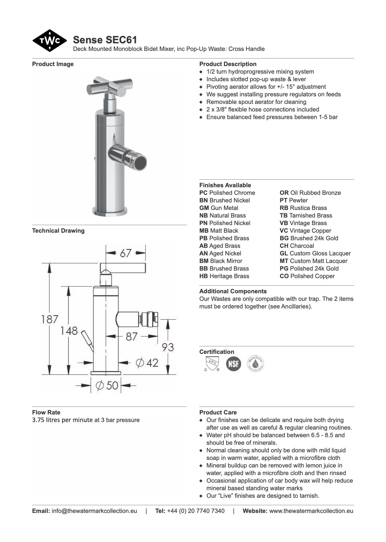 The Watermark Collection Bidet Polished Chrome The Watermark Collection | Sense Monoblock Bidet Sprayer | Cross Handle