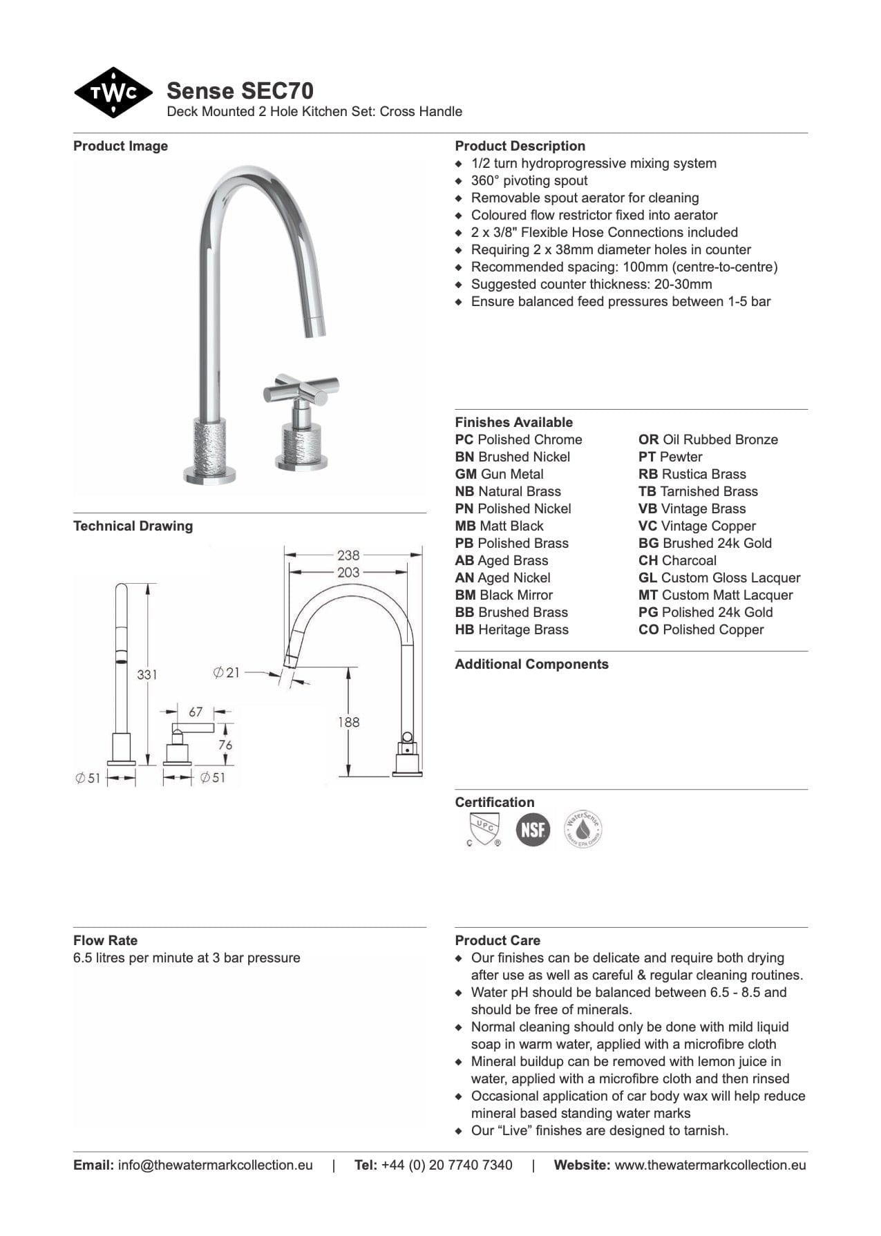 The Watermark Collection Kitchen Taps Polished Chrome The Watermark Collection Sense 2 Hole Kitchen Set | Cross Handle