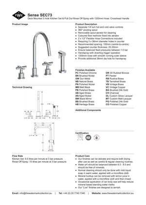 The Watermark Collection Kitchen Taps Polished Chrome The Watermark Collection Sense 3 Hole Kitchen Set with Seperate Pull Out Rinse Spray | Cross Handle