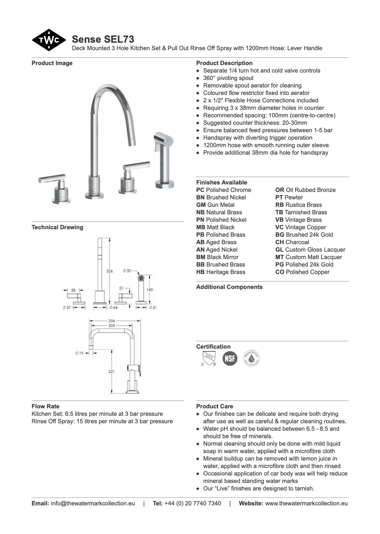 The Watermark Collection Kitchen Taps Polished Chrome The Watermark Collection Sense 3 Hole Kitchen Set with Seperate Pull Out Rinse Spray | Lever Handle