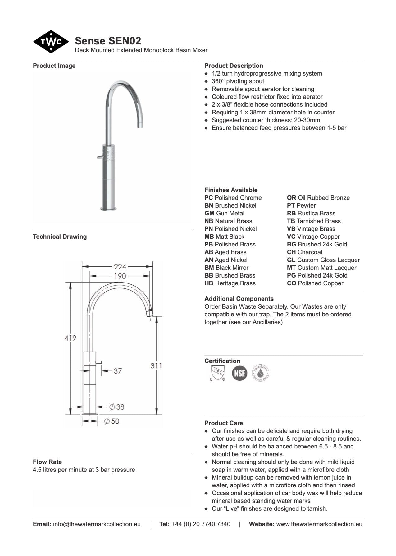 The Watermark Collection Basin Taps Polished Chrome The Watermark Collection Sense Extended Monoblock Basin Mixer