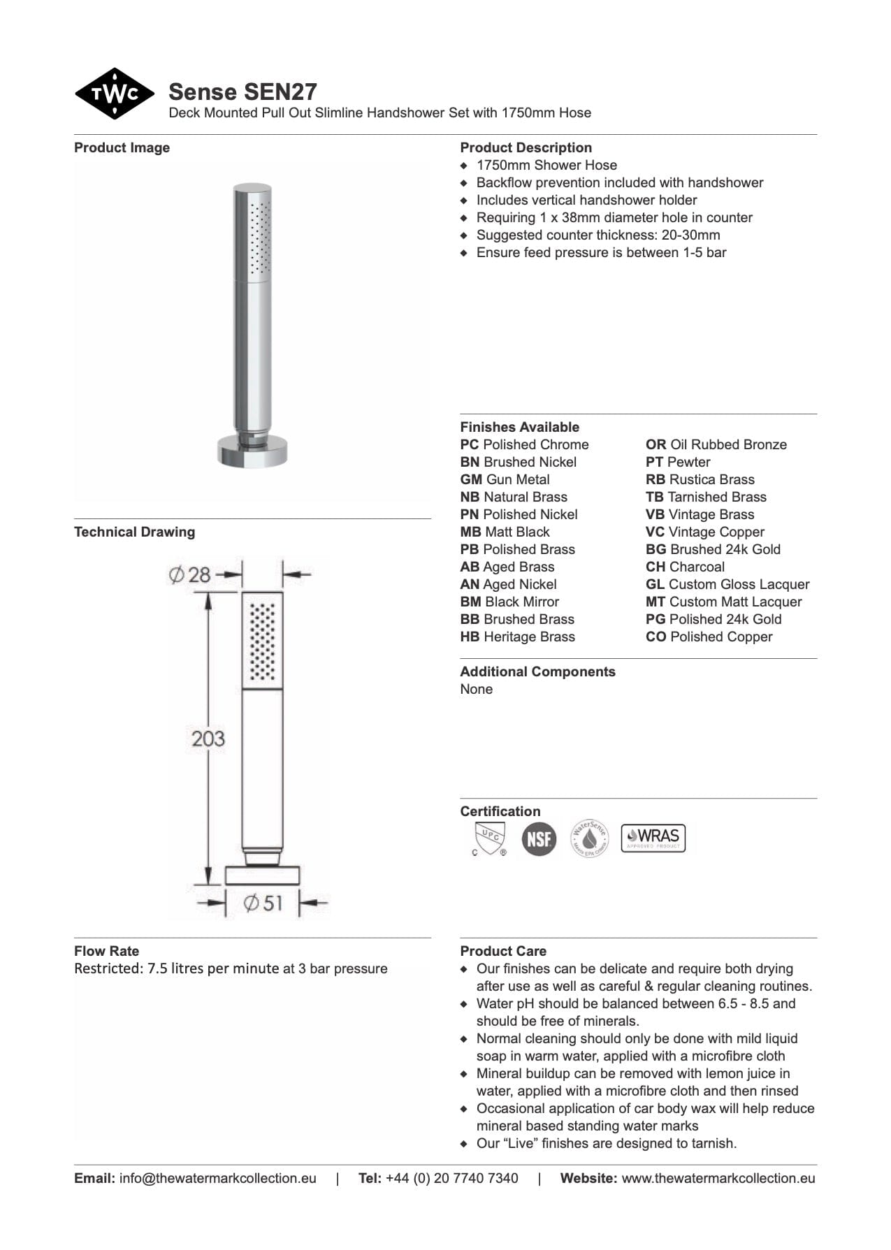 The Watermark Collection Showers Polished Chrome The Watermark Collection Sense Hob Mounted Pull Out Slimline Hand Shower
