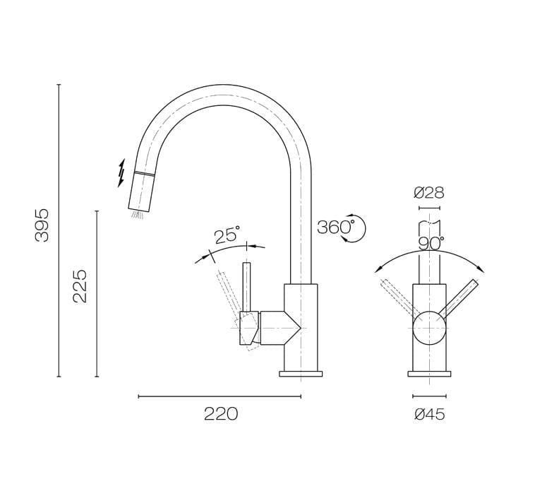 Plumbline Kitchen Tap Swiss Kitchen Mixer with Pull Out Spray | Brushed Stainless Steel