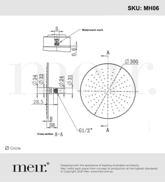 Meir Showers Meir Round Shower Rose 300mm | Champagne