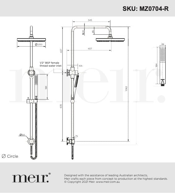 Meir Showers Meir Round Combination Shower Rail with 200mm Rose & Single Function Hand Shower | Chrome