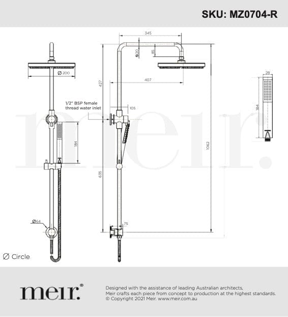 Meir Showers Meir Round Combination Shower Rail with 200mm Rose & Single Function Hand Shower | Brushed Nickel