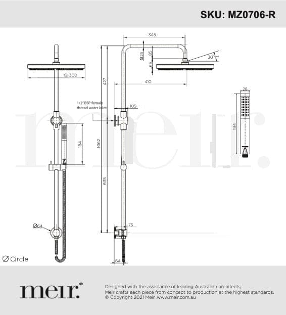 Meir Showers Meir Round Combination Shower Rail with 300mm Rose & Single Function Hand Shower | Brushed Nickel