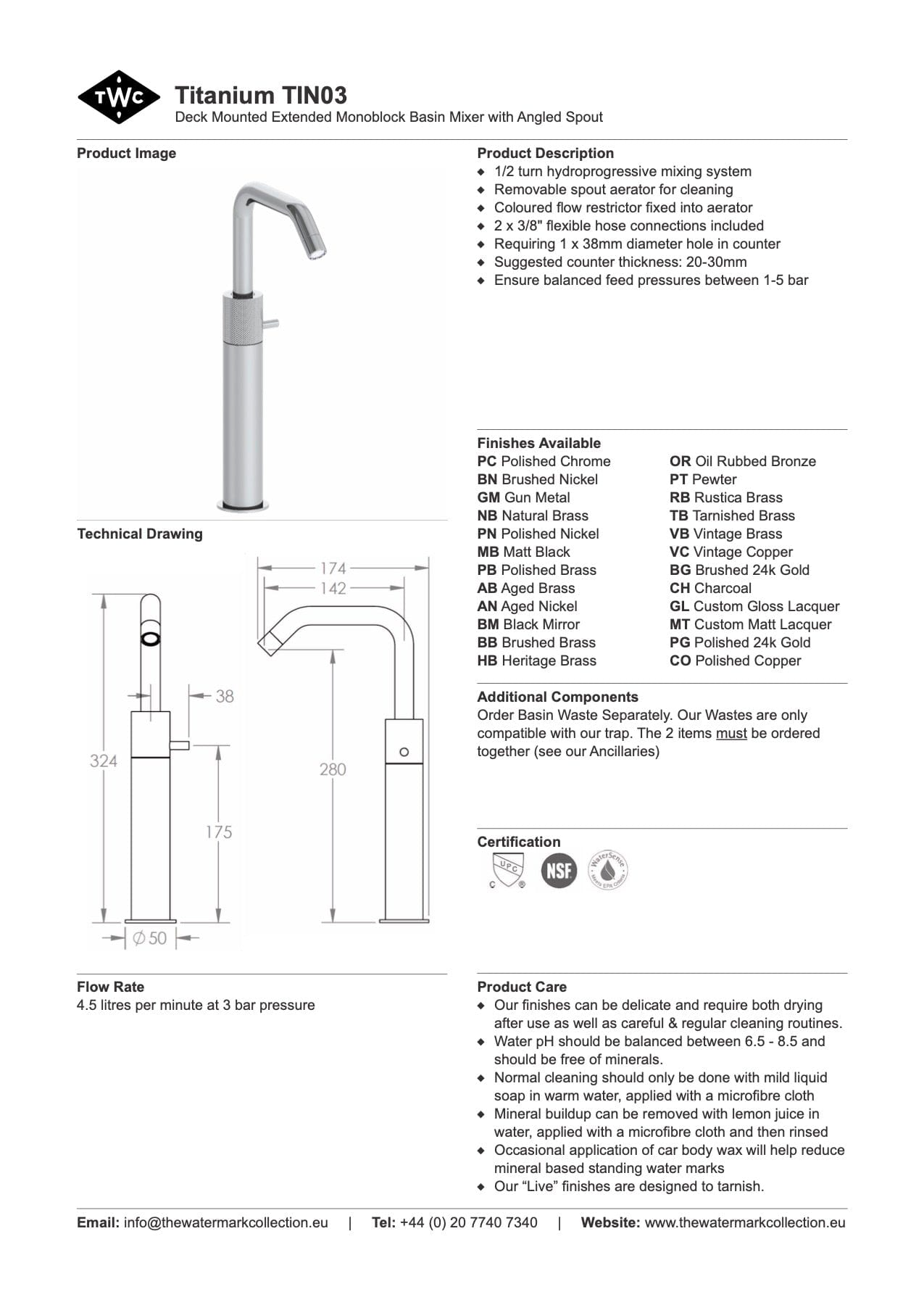 The Watermark Collection Basin Taps Polished Chrome The Watermark Collection Titanium Tall Monoblock Mixer with Angled Spout