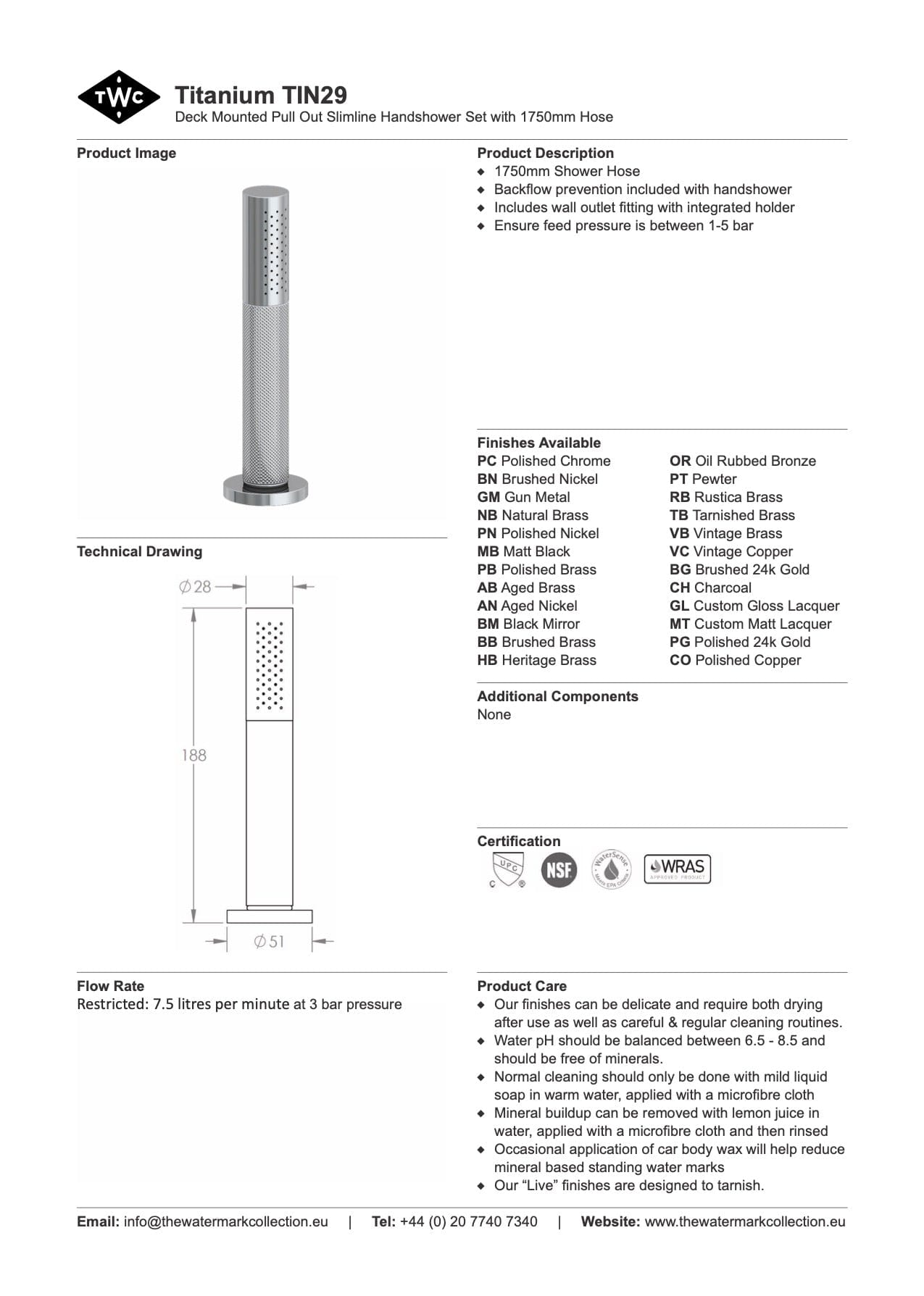 The Watermark Collection Shower Polished Chrome The Watermark Collection Titanium Hob Mounted Pull Out Slimline Hand Shower