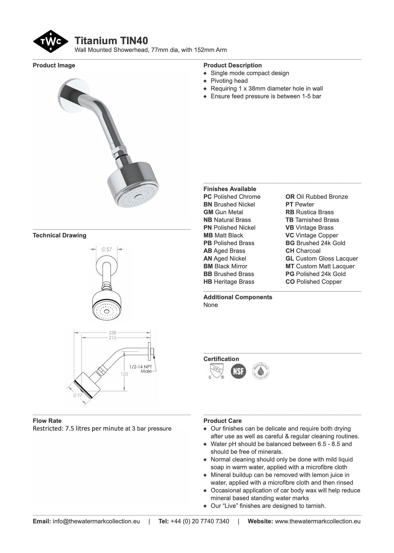 The Watermark Collection Shower Polished Chrome The Watermark Collection Titanium 77mm Shower Head & Arm