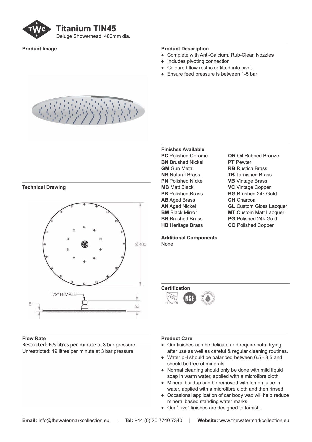 The Watermark Collection Shower Polished Chrome The Watermark Collection Titanium Deluge 400mm Shower Head Only