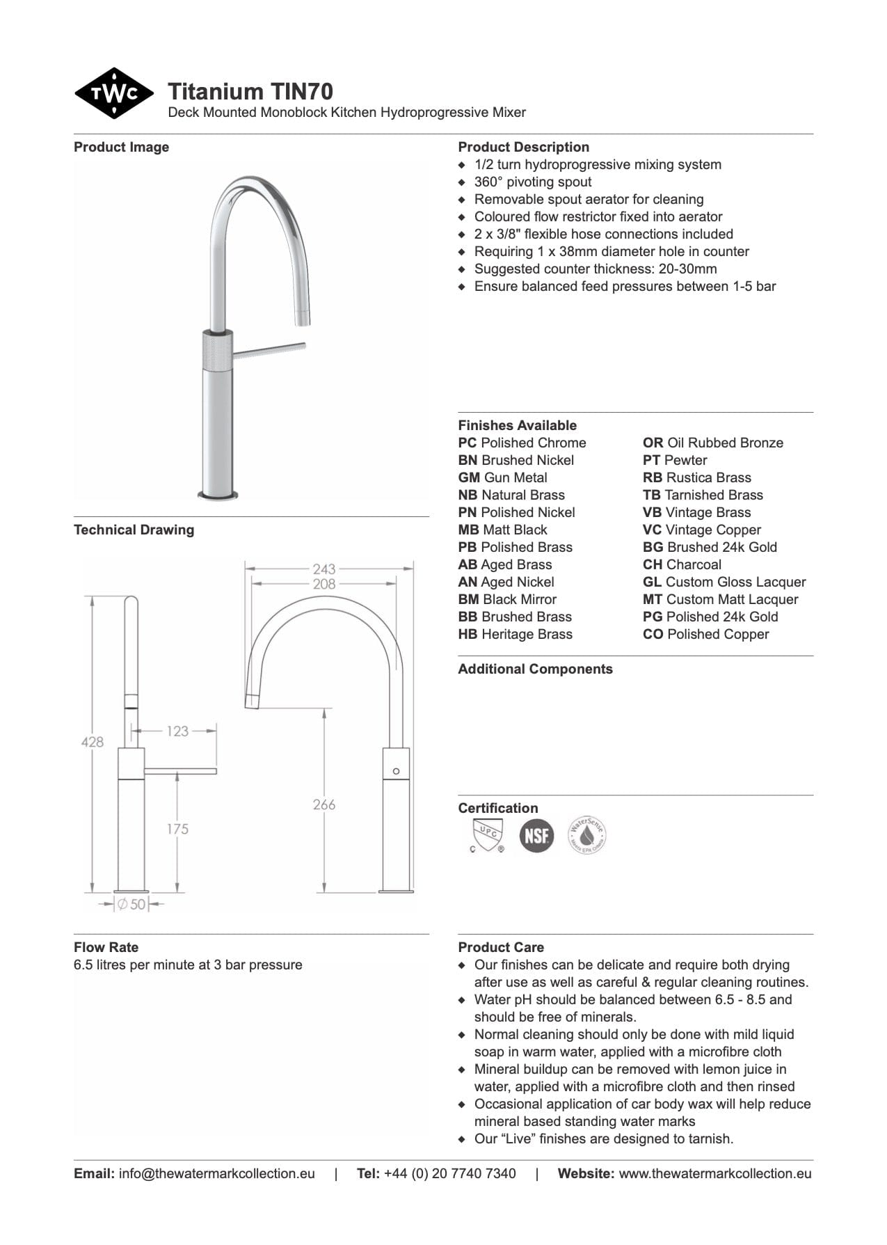 The Watermark Collection Kitchen Tap Polished Chrome The Watermark Collection Titanium Monoblock Kitchen Mixer