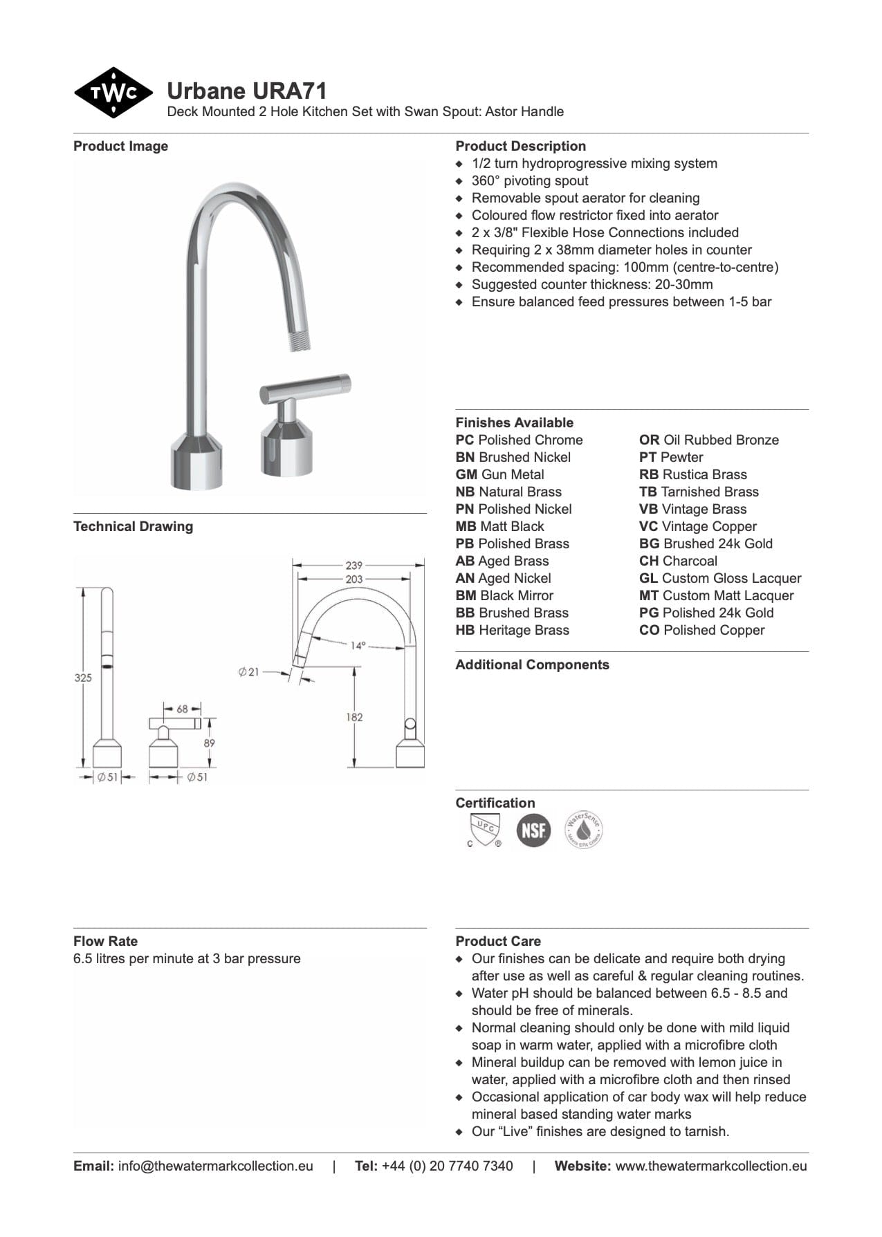 The Watermark Collection Kitchen Taps Polished Chrome The Watermark Collection Urbane 2 Hole Kitchen Set with Swan Spout | Astor Handle