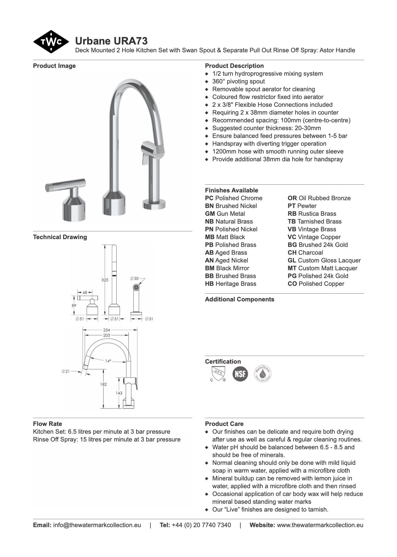The Watermark Collection Kitchen Taps Polished Chrome The Watermark Collection Urbane 2 Hole Kitchen Set with Swan Spout & Separate Pull Out Rinse Spray | Astor Handle