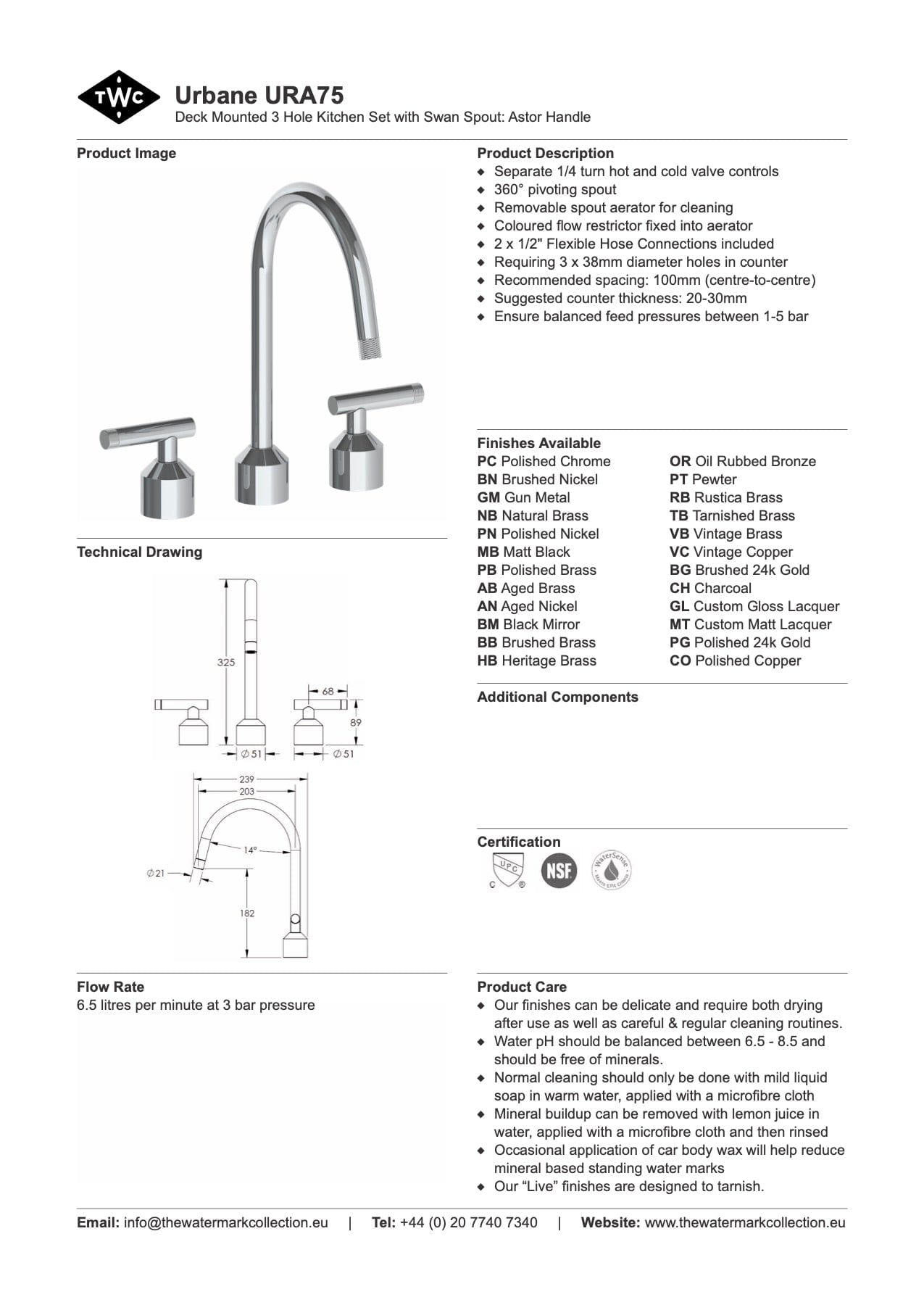 The Watermark Collection Kitchen Taps Polished Chrome The Watermark Collection Urbane 3 Hole Kitchen Set with Swan Spout | Astor Handle