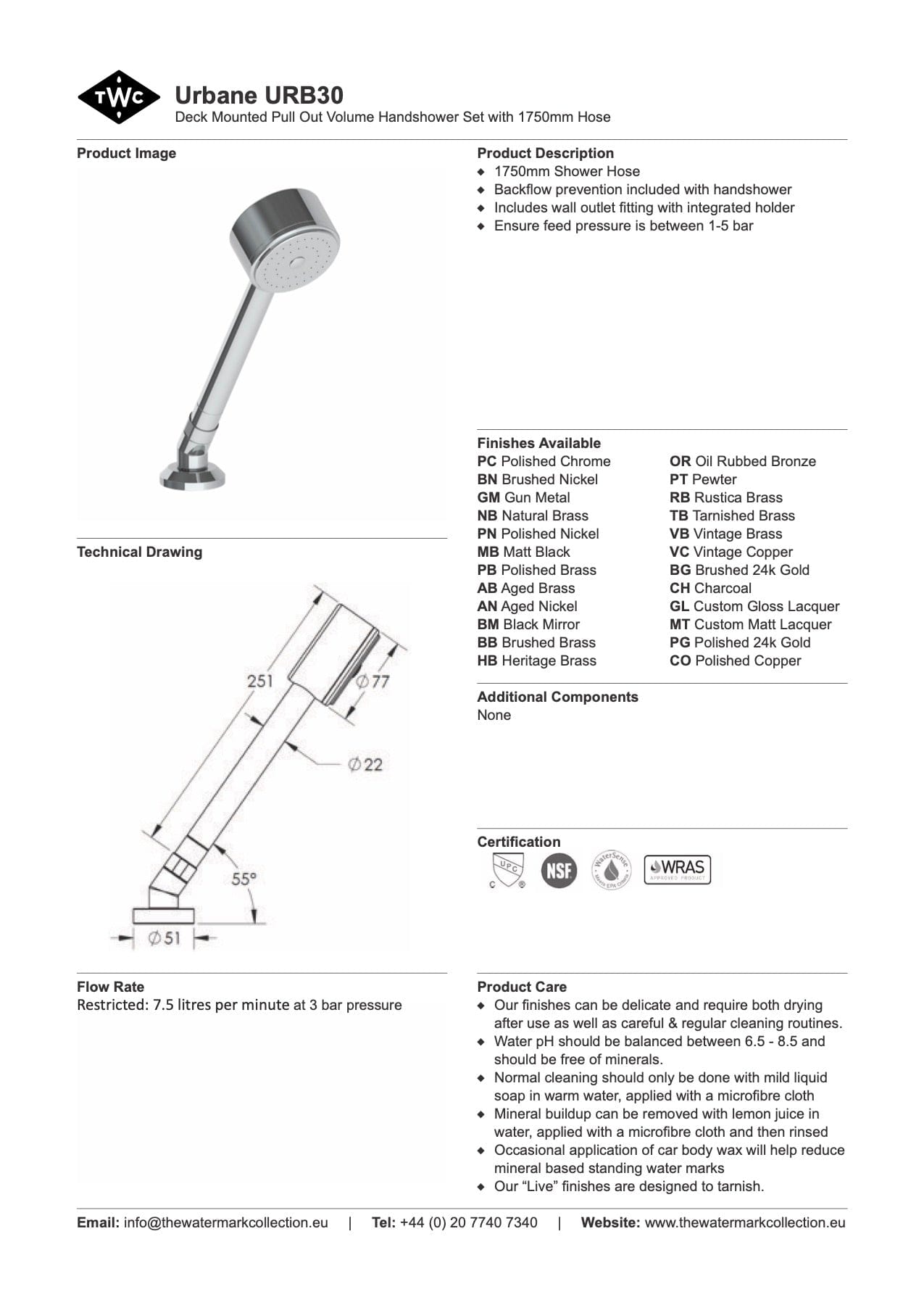 The Watermark Collection Showers Polished Chrome The Watermark Collection Urbane Hob Mounted Pull Out Volume Hand Shower