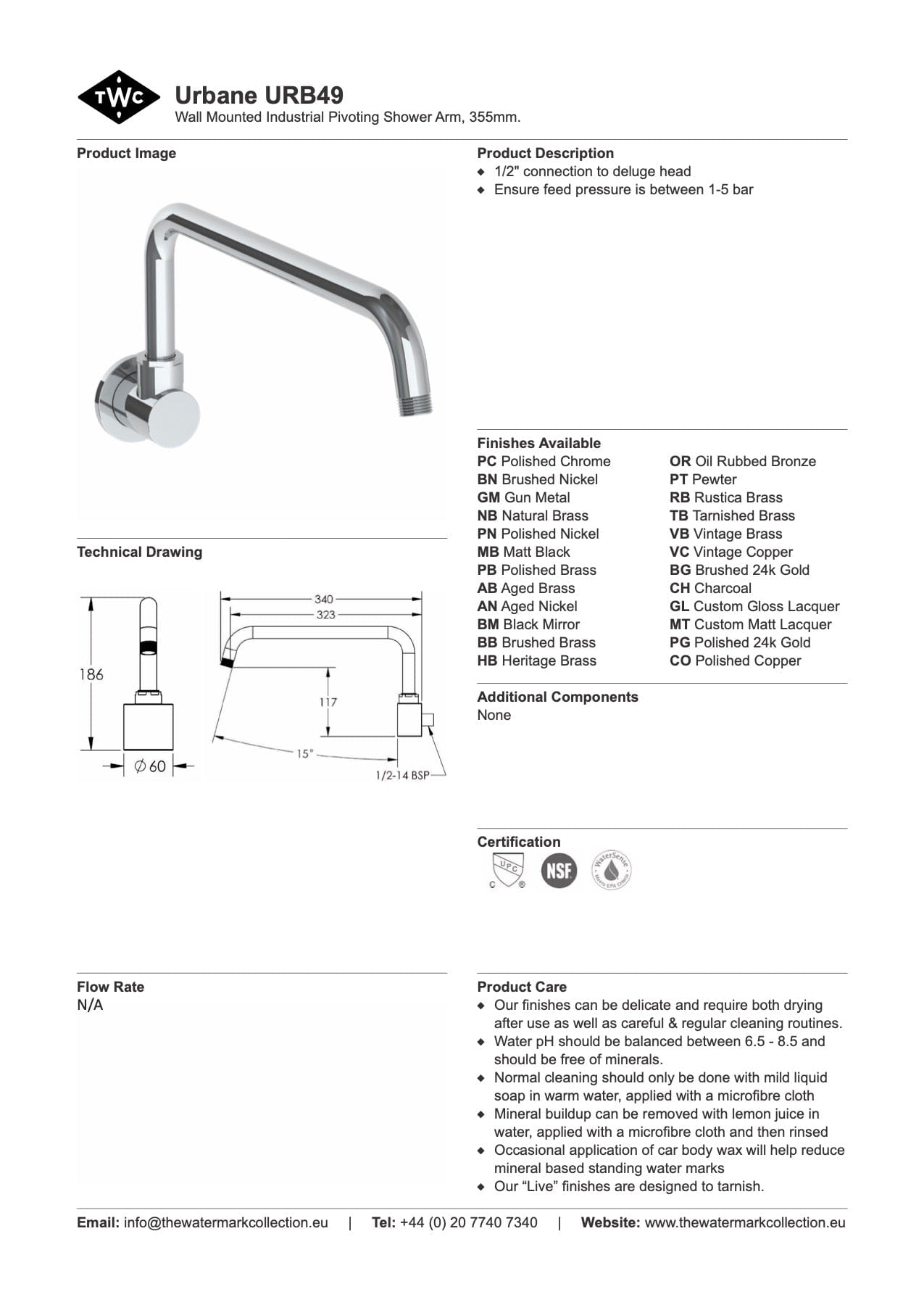 The Watermark Collection Showers Polished Chrome The Watermark Collection Urbane Wall Mounted Industrial Pivoting Shower Arm 340mm