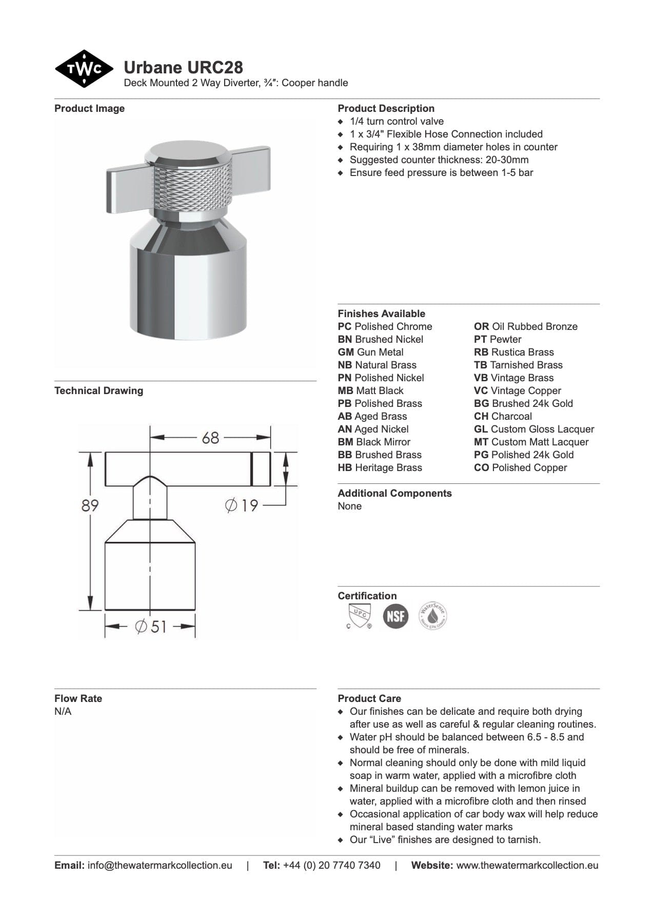 The Watermark Collection Diverter Polished Chrome The Watermark Collection Urbane Hob Mounted 2 Way Diverter | Cooper Handle