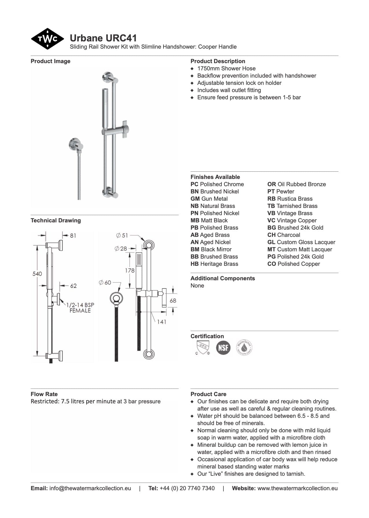The Watermark Collection Showers Polished Chrome The Watermark Collection Urbane Slimline Slide Shower | Cooper Handle