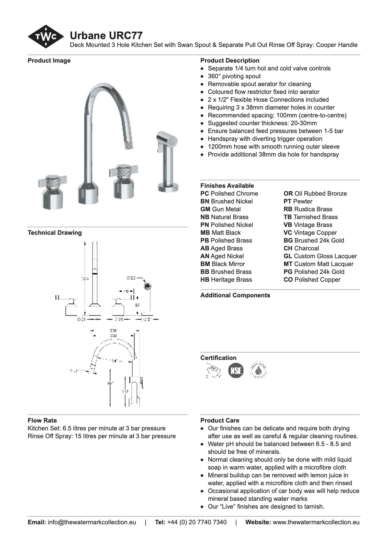 The Watermark Collection Kitchen Taps Polished Chrome The Watermark Collection Urbane 3 Hole Kitchen Set with Swan Spout & Separate Pull Out Rinse Spray | Cooper Handle