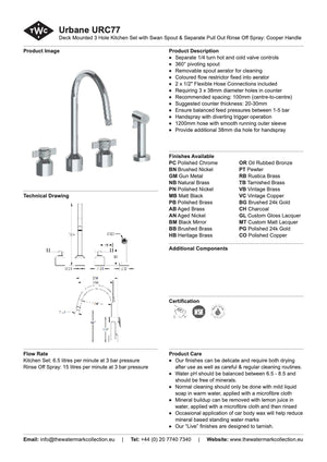 The Watermark Collection Kitchen Taps Polished Chrome The Watermark Collection Urbane 3 Hole Kitchen Set with Swan Spout & Separate Pull Out Rinse Spray | Cooper Handle