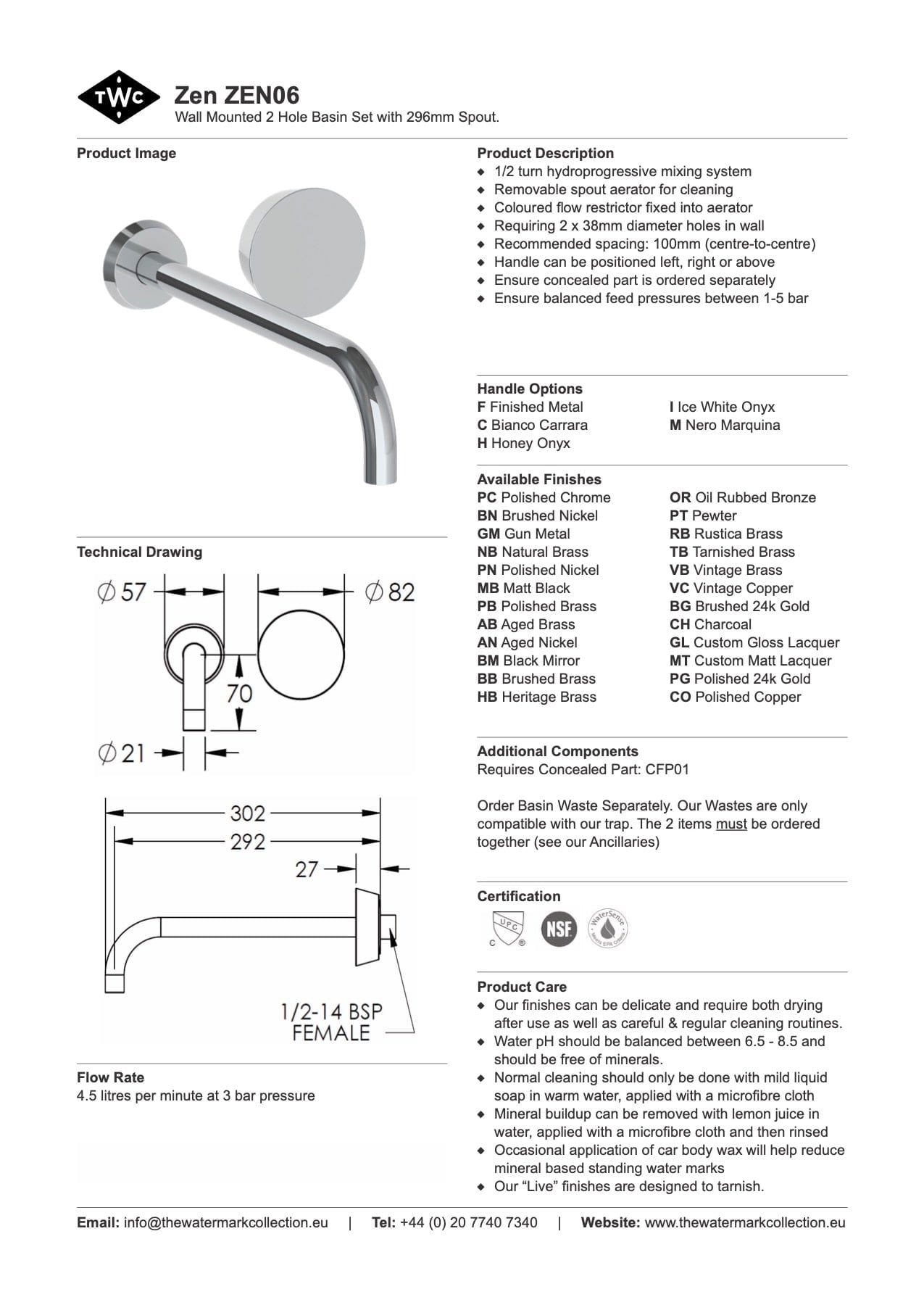 The Watermark Collection Basin Taps The Watermark Collection Zen Wall Mounted 2 Hole Basin Set with 296mm Spout