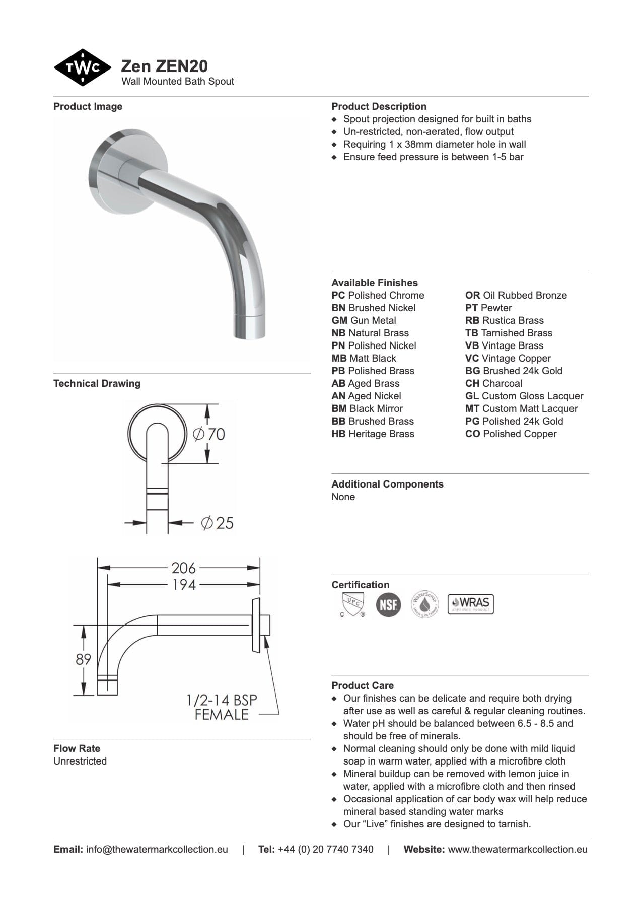 The Watermark Collection Spouts Polished Chrome The Watermark Collection Zen Wall Mounted Bath Spout