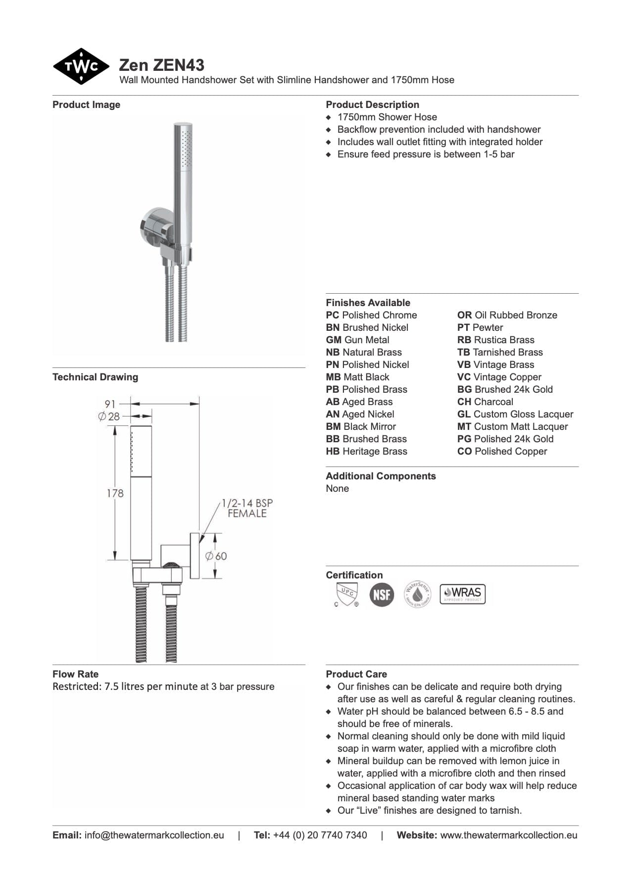 The Watermark Collection Showers Polished Chrome The Watermark Collection Zen Slimline Hand Shower