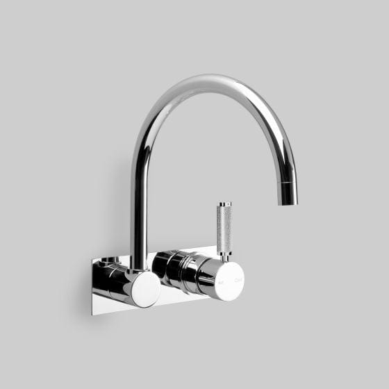 The Kitchen Hub Basin Taps Astra Walker Knurled Icon + Lever Gooseneck Wall Mixer Set on Backplate
