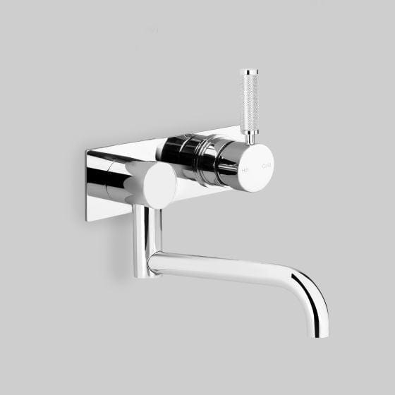 The Kitchen Hub Basin Taps Astra Walker Knurled Icon + Lever Wall Mixer Set on Backplate with 200mm Underslung Swivel Spout